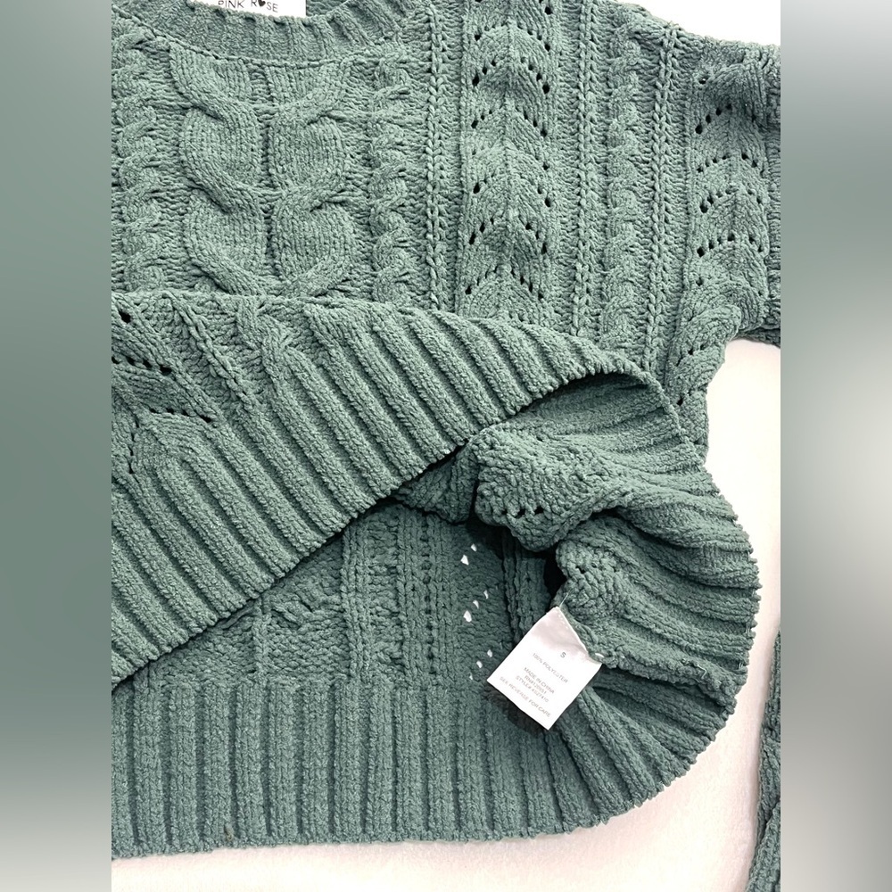 Pink Rose Women’s Polyester Chunky Soft Cozy Cable Knit Green Sweater Small - Picture 7 of 16
